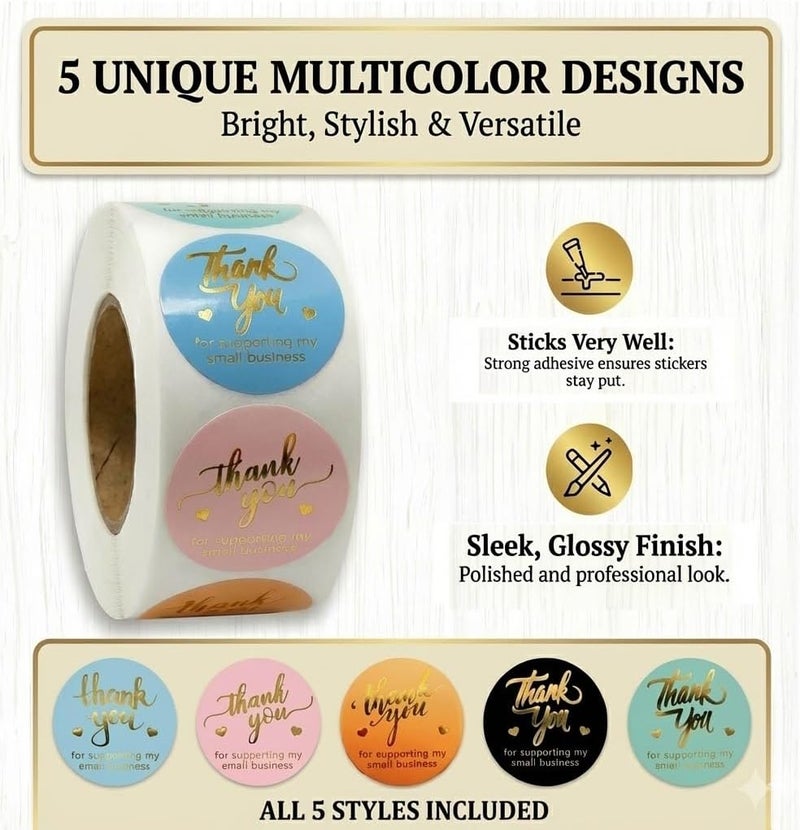 IBAKE 800 Thank You Stickers – 1.5" Round Labels (5 Designs, Multicolor) for Small Business, Packaging, Envelopes, Gift Bags, Bakery, Party Favors – Self-Adhesive Waterproof Thank You Sticker Roll - Image 3